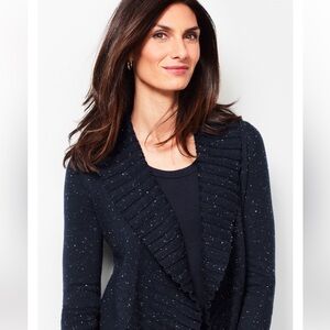 TALBOTS DONEGAL OPEN-FRONT CARDIGAN KNIT NAVY BLUE WITH SPECKLES SMALL COZY